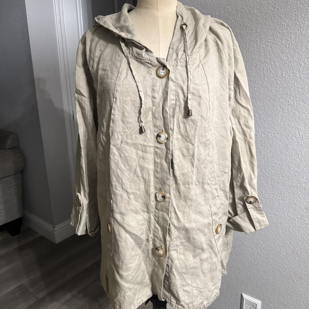 For Cynthia Woman Women Jacket 2X Beige Linen Button Lagenlook Coastal